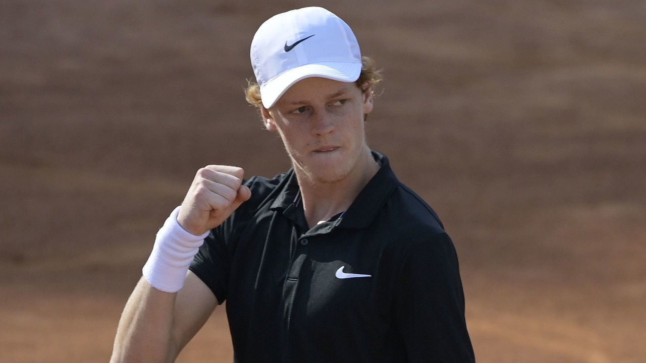 ROME, ITALY - SEPTEMBER 16: Jannik Sinner of Italy celebrates after winning his round two match against Stefanos Tsitsipas of Greece during day three of the Internazionali BNL d'Italia at Foro Italico on September 16, 2020 in Rome, Italy.