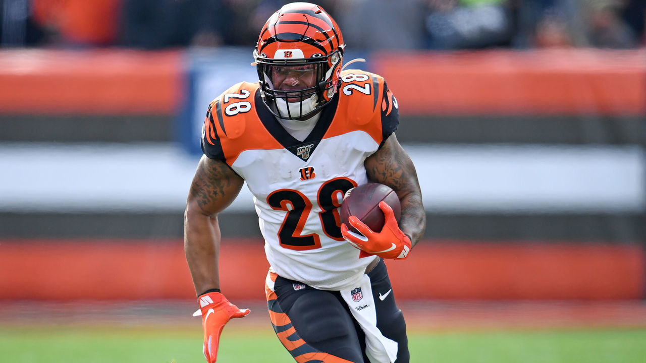 CLEVELAND, OHIO - DECEMBER 08: Running back Joe Mixon #28 of the Cincinnati Bengals runs for a gain during the second half against the Cleveland Browns at FirstEnergy Stadium on December 08, 2019 in Cleveland, Ohio. The Browns defeated the Bengals 27-19.