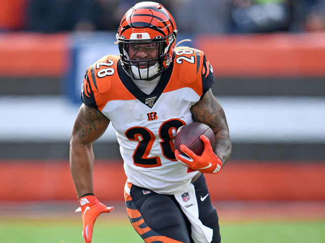 CLEVELAND, OHIO - DECEMBER 08: Running back Joe Mixon #28 of the Cincinnati Bengals runs for a gain during the second half against the Cleveland Browns at FirstEnergy Stadium on December 08, 2019 in Cleveland, Ohio. The Browns defeated the Bengals 27-19.