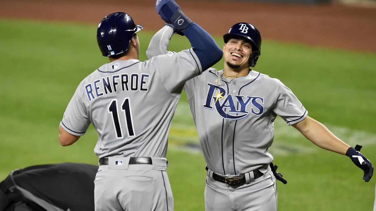 BALTIMORE, MD - SEPTEMBER 17: Tampa Bay Rays right fielder Hunter Renfroe (11) and shortstop Willy Adames (1) celebrate after Adames 3-run home run during the first inning of the Baltimore Orioles vs. Tampa Bay Rays game 2 of a MLB double header at Oriole Park at Camden Yards on September 17, 2020 in Baltimore, MD.