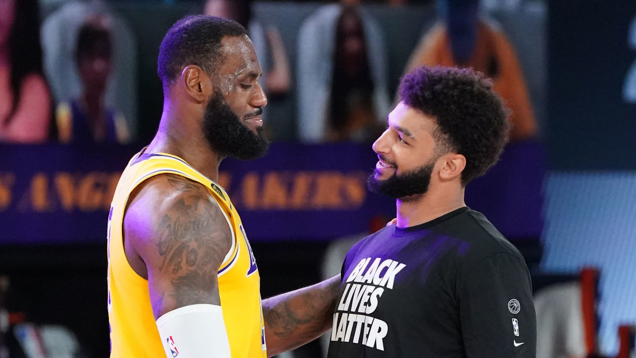 Orlando, FL - AUGUST 10: LeBron James #23 of the Los Angeles Lakers and Jamal Murray #27 of the Denver Nuggets talk after a game on August 10, 2020 at the AdventHealth Arena at in Orlando, Florida. NOTE TO USER: User expressly acknowledges and agrees that, by downloading and/or using this Photograph, user is consenting to the terms and conditions of the Getty Images License Agreement. Mandatory Copyright Notice: Copyright 2020 NBAE