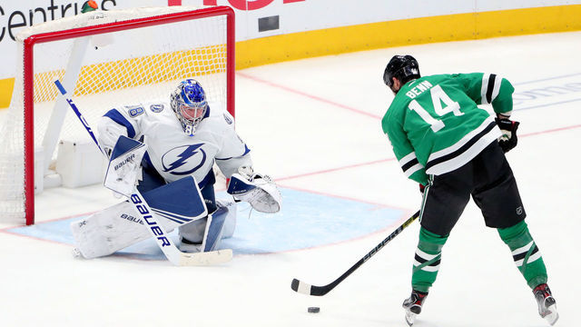 DALLAS, TEXAS - JANUARY 27: Jamie Benn #14 of the Dallas Stars scores a goal against Andrei Vasilevskiy #88 of the Tampa Bay Lightning in the third period at American Airlines Center on January 27, 2020 in Dallas, Texas.