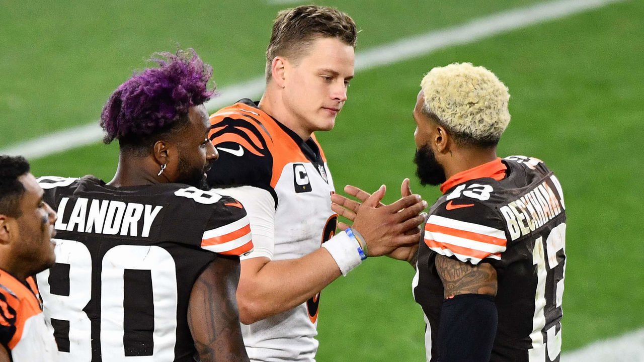 CLEVELAND, OH - SEPTEMBER 17: Joe Burrow #9 of the Cincinnati Bengals meets up with Odell Beckham Jr. #13 of the Cleveland Browns after the game at FirstEnergy Stadium on September 17, 2020 in Cleveland, Ohio. Cleveland defeated Cincinnati 35-30.
