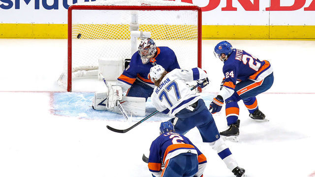 EDMONTON, ALBERTA - SEPTEMBER 17: Victor Hedman #77 of the Tampa Bay Lightning scores a goal past Semyon Varlamov #40 of the New York Islanders during the first period in Game Six of the Eastern Conference Final during the 2020 NHL Stanley Cup Playoffs at Rogers Place on September 17, 2020 in Edmonton, Alberta, Canada.