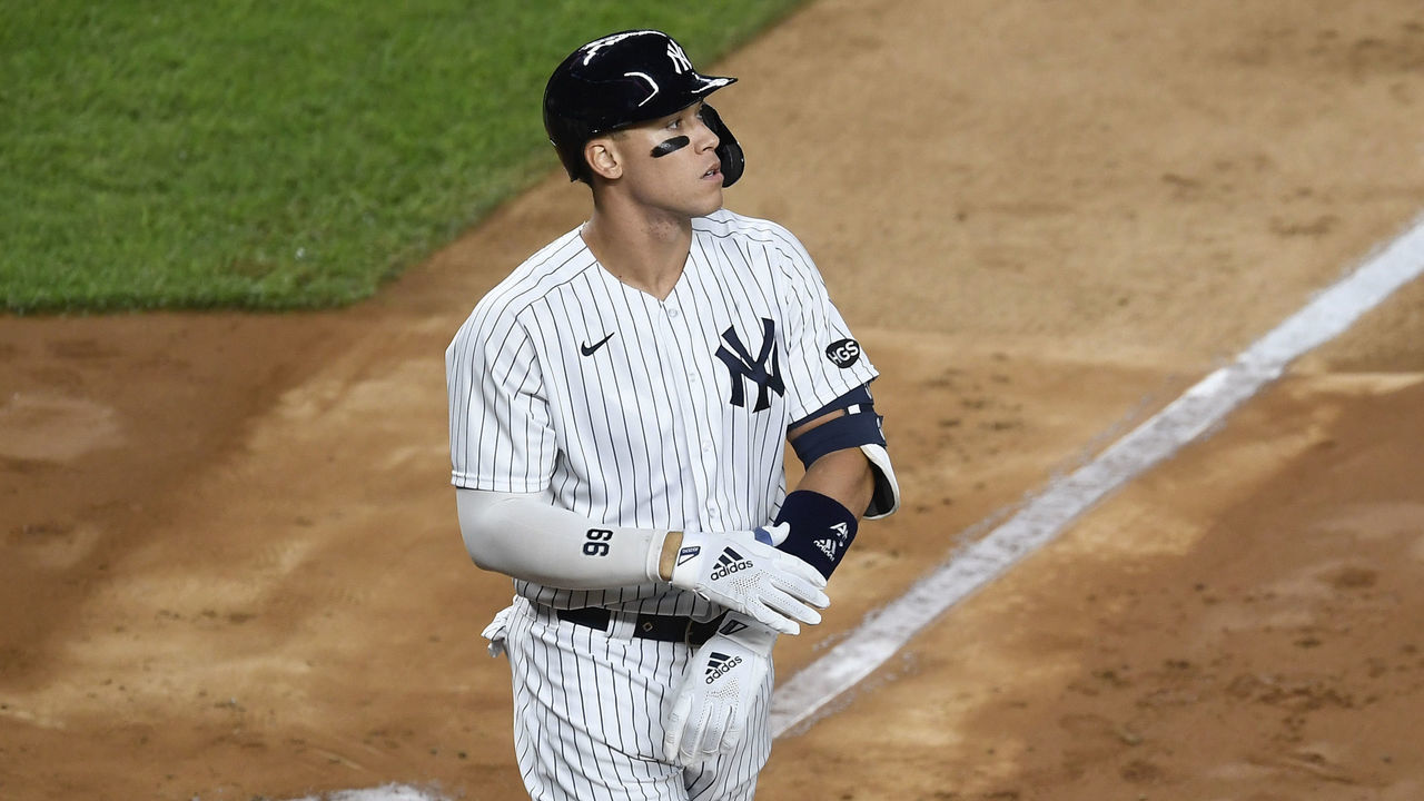 NEW YORK, NEW YORK - SEPTEMBER 16: Aaron Judge #99 of the New York Yankees reacts after striking out during the fourth inning against the Toronto Blue Jays at Yankee Stadium on September 16, 2020 in the Bronx borough of New York City.