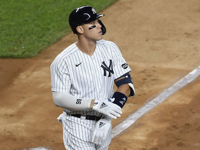NEW YORK, NEW YORK - SEPTEMBER 16: Aaron Judge #99 of the New York Yankees reacts after striking out during the fourth inning against the Toronto Blue Jays at Yankee Stadium on September 16, 2020 in the Bronx borough of New York City.