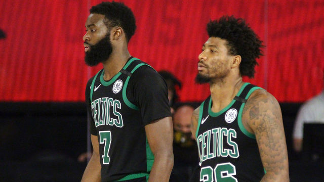 ORLANDO, FL - SEPTEMBER 1: Jaylen Brown #7 and Marcus Smart #36 of the Boston Celtics against the Toronto Raptors for Game two of the second round of the 2020 Playoffs as part of the NBA Restart 2020 on September 1, 2020 at The Field House in Orlando, Florida. NOTE TO USER: User expressly acknowledges and agrees that, by downloading and/or using this photograph, user is consenting to the terms and conditions of the Getty Images License Agreement. Mandatory Copyright Notice: Copyright 2020 NBAE