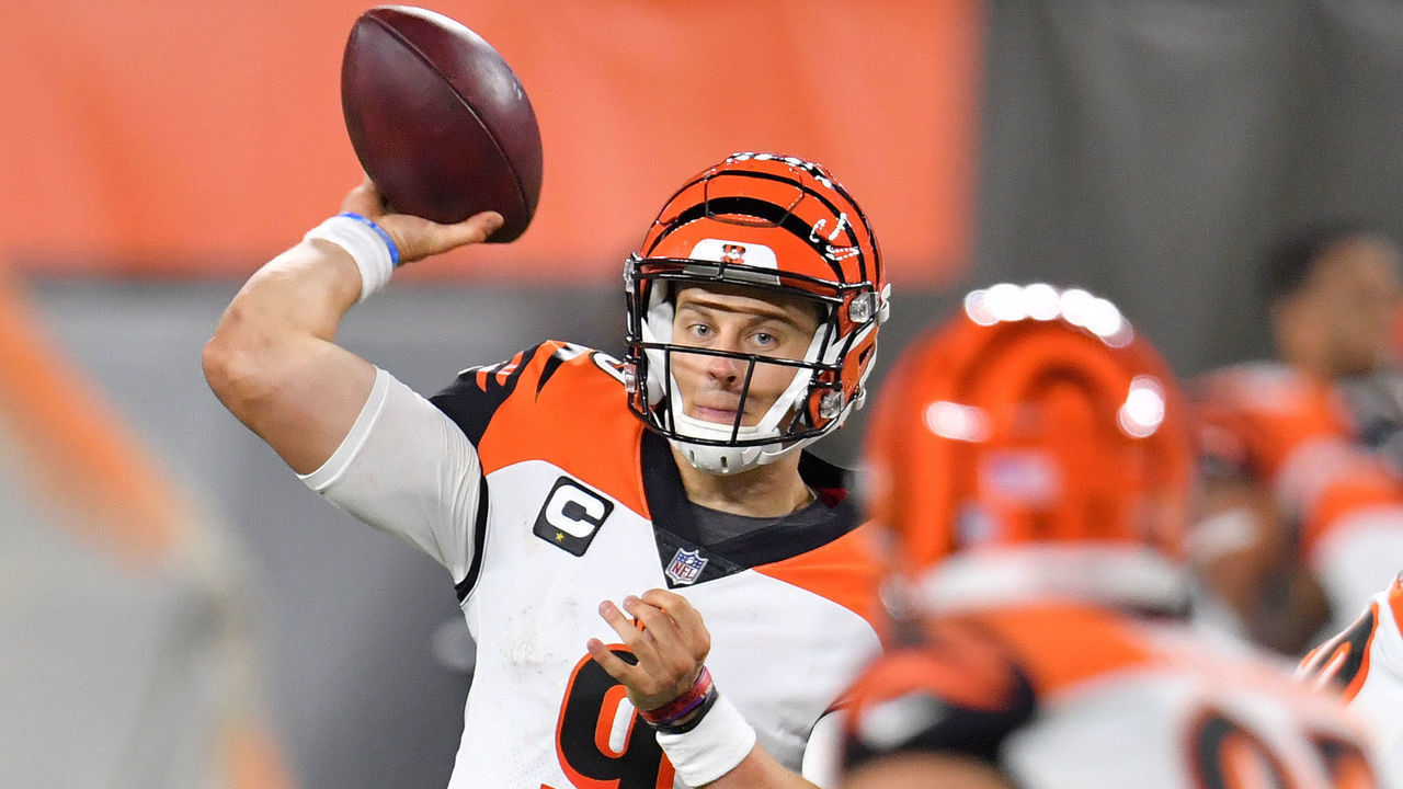 CLEVELAND, OHIO - SEPTEMBER 17: Joe Burrow #9 of the Cincinnati Bengals throws against the Cleveland Browns during the second half at FirstEnergy Stadium on September 17, 2020 in Cleveland, Ohio.