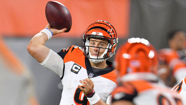 CLEVELAND, OHIO - SEPTEMBER 17: Joe Burrow #9 of the Cincinnati Bengals throws against the Cleveland Browns during the second half at FirstEnergy Stadium on September 17, 2020 in Cleveland, Ohio.