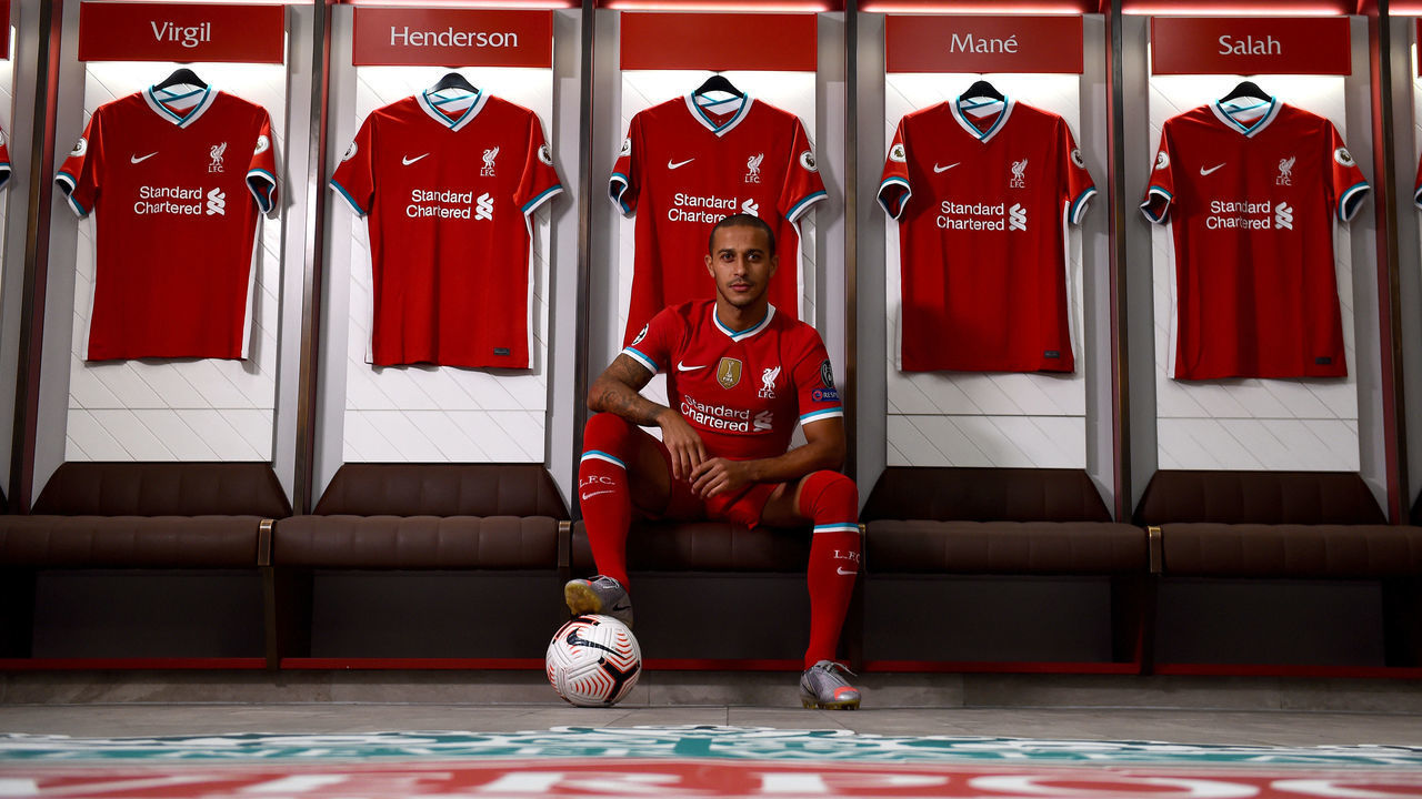 LIVERPOOL, ENGLAND - SEPTEMBER 18: (THE SUN OUT, THE SUN ON SUNDAY OUT) Thiago Alcantara new signing of Liverpool at Anfield on September 18, 2020 in Liverpool, England.