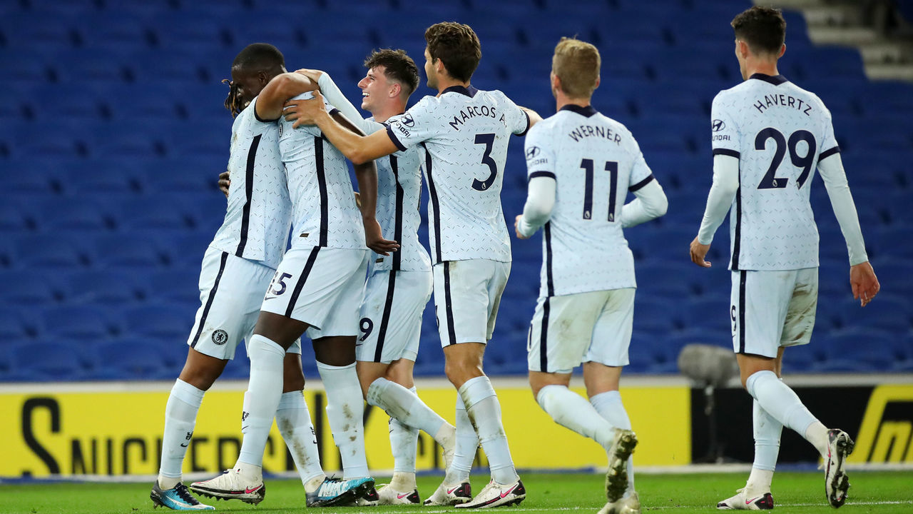 BRIGHTON, ENGLAND - SEPTEMBER 14: Kurt Zouma celebrates with teammates after scoring his sides third goal during the Premier League match between Brighton & Hove Albion and Chelsea at American Express Community Stadium on September 14, 2020 in Brighton, England.