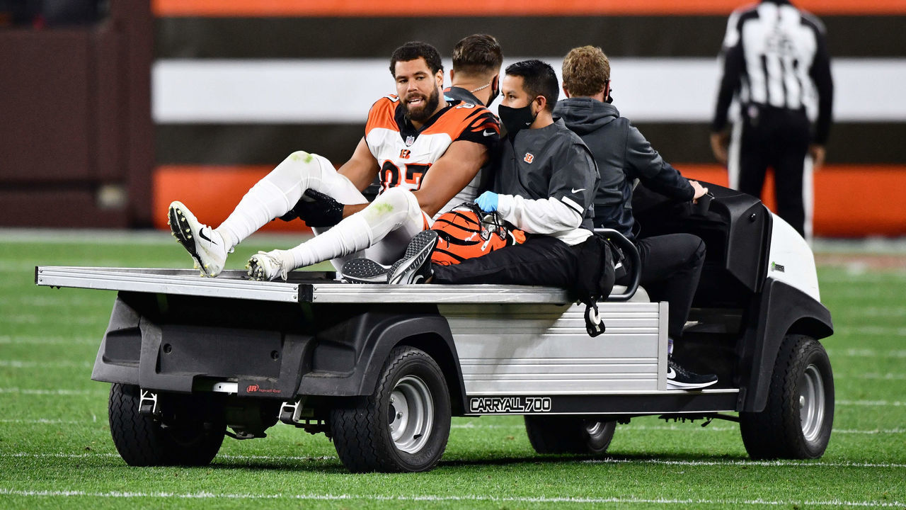 CLEVELAND, OH - SEPTEMBER 17: C.J. Uzomah #87 of the Cincinnati Bengals is carted off the field after being injured in the fourth quarter against the Cleveland Browns at FirstEnergy Stadium on September 17, 2020 in Cleveland, Ohio. Cleveland defeated Cincinnati 35-30.