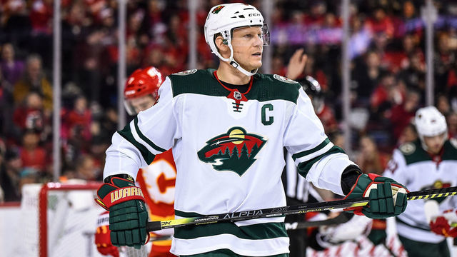 CALGARY, AB - JANUARY 09: Minnesota Wild Center Mikko Koivu (9) skates to the bench during the first period of an NHL game where the Calgary Flames hosted the Minnesota Wild on January 9, 2020, at the Scotiabank Saddledome in Calgary, AB.