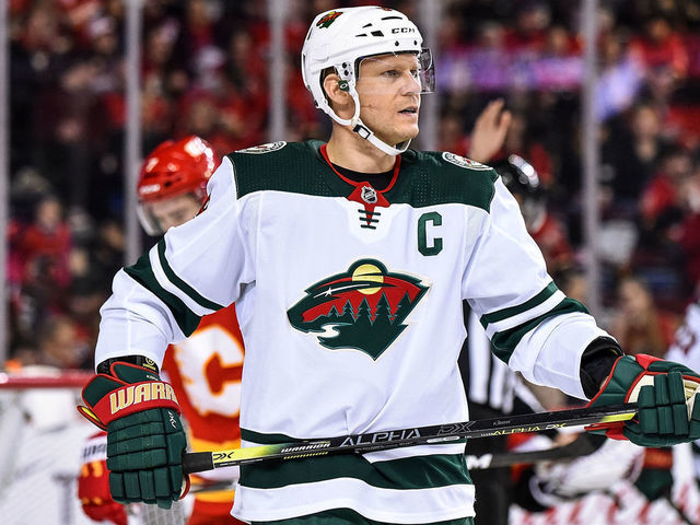 CALGARY, AB - JANUARY 09: Minnesota Wild Center Mikko Koivu (9) skates to the bench during the first period of an NHL game where the Calgary Flames hosted the Minnesota Wild on January 9, 2020, at the Scotiabank Saddledome in Calgary, AB.