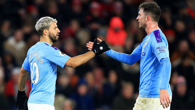 SHEFFIELD, ENGLAND - JANUARY 21: Sergio Aguero of Manchester City celebrates after scoring his team's first goal with Aymeric Laporte during the Premier League match between Sheffield United and Manchester City at Bramall Lane on January 21, 2020 in Sheffield, United Kingdom.