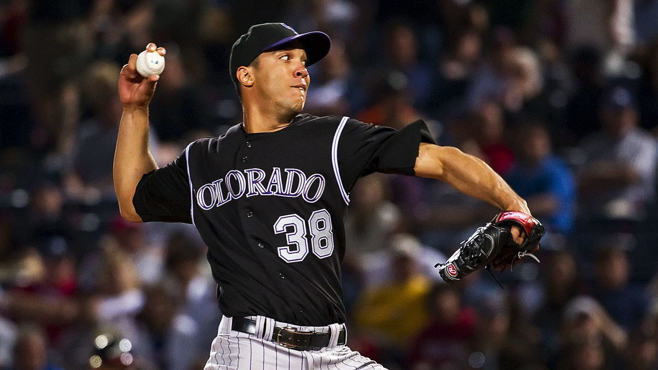 ATLANTA, GA - APRIL 17: Ubaldo Jimenez #38 of the Colorado Rockies pitches during his no-hitter against the Atlanta Braves on April 17, 2010 at Turner Field in Atlanta, Georgia. The Rockies won 4-0.