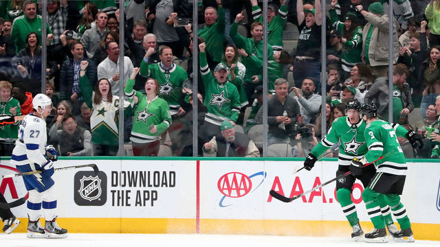 DALLAS, TEXAS - JANUARY 27: Denis Gurianov #34 of the Dallas Stars celebrates with John Klingberg #3 of the Dallas Stars after scoring a goal against the Tampa Bay Lightning in the second period at American Airlines Center on January 27, 2020 in Dallas, Texas.