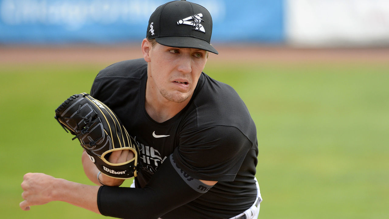 SCHAUMBURG, IL - JULY 30: Garrett Crochet of the Chicago White Sox pitches during an MLB taxi squad workout on July 30, 2020 at Boomers Stadium in Schaumburg, Illinois. Crochet was selected 11th overall by the Chicago White Sox in the 2020 Major League Baseball draft as their first round draft pick.
