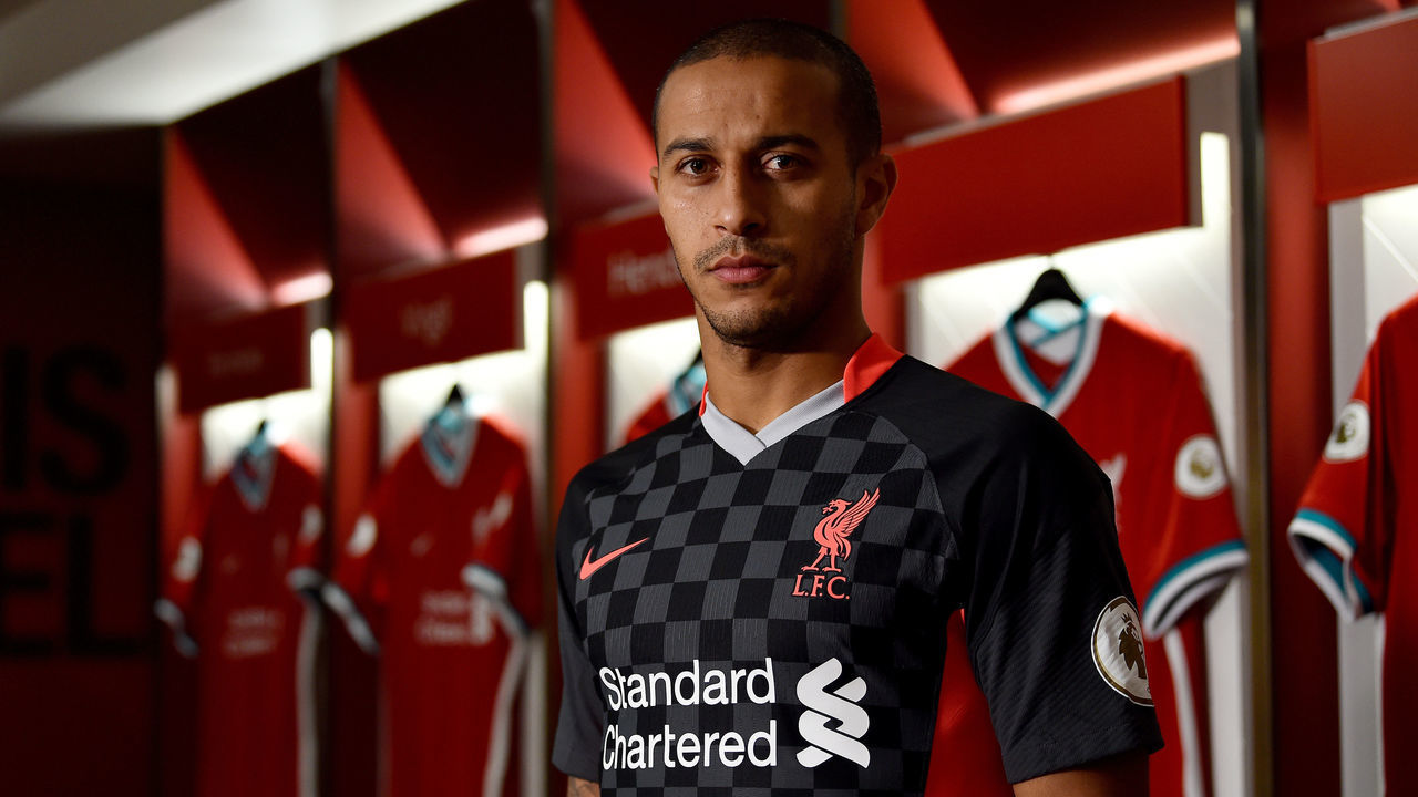 LIVERPOOL, ENGLAND - SEPTEMBER 18: (THE SUN OUT, THE SUN ON SUNDAY OUT) Thiago Alcantara new signing of Liverpool at Anfield on September 18, 2020 in Liverpool, England.
