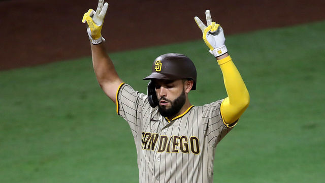 ANAHEIM, CALIFORNIA - SEPTEMBER 02: Eric Hosmer #30 of the San Diego Padres reacts after his three-run homerun during the eighth inning of a game against the Los Angeles Angels at Angel Stadium of Anaheim on September 02, 2020 in Anaheim, California.
