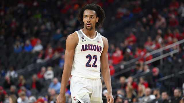 LAS VEGAS, NV - MARCH 11: Arizona Wildcats forward Zeke Nnaji (22) looks on during the first round game of the men's Pac-12 Tournament between the Arizona Wildcats and the Washington Huskies on March 11, 2020, at the T-Mobile Arena in Las Vegas, NV.