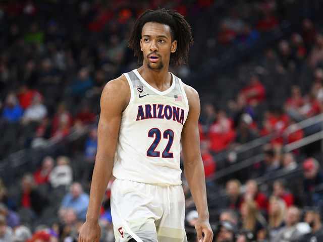 LAS VEGAS, NV - MARCH 11: Arizona Wildcats forward Zeke Nnaji (22) looks on during the first round game of the men's Pac-12 Tournament between the Arizona Wildcats and the Washington Huskies on March 11, 2020, at the T-Mobile Arena in Las Vegas, NV.