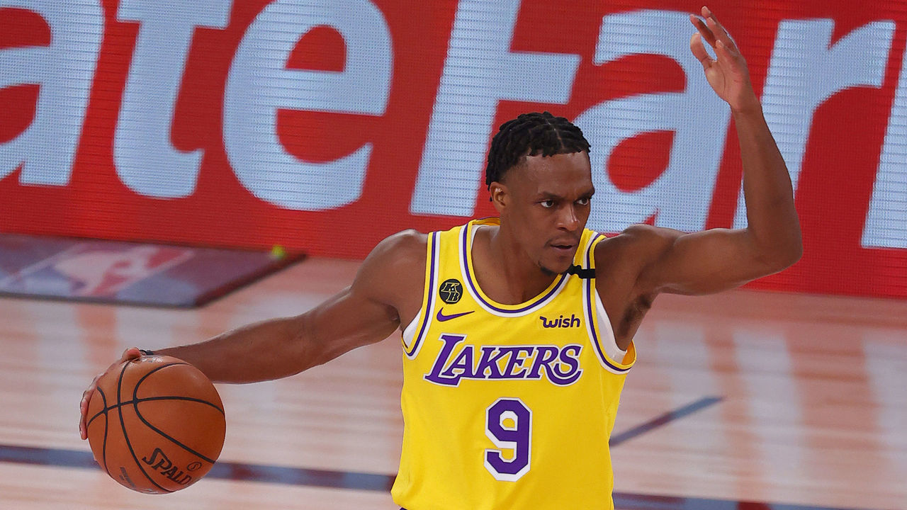 LAKE BUENA VISTA, FLORIDA - SEPTEMBER 18: Rajon Rondo #9 of the Los Angeles Lakers sets up a play against the Denver Nuggets during the fourth quarter in Game One of the Western Conference Finals during the 2020 NBA Playoffs at AdventHealth Arena at the ESPN Wide World Of Sports Complex on September 18, 2020 in Lake Buena Vista, Florida.