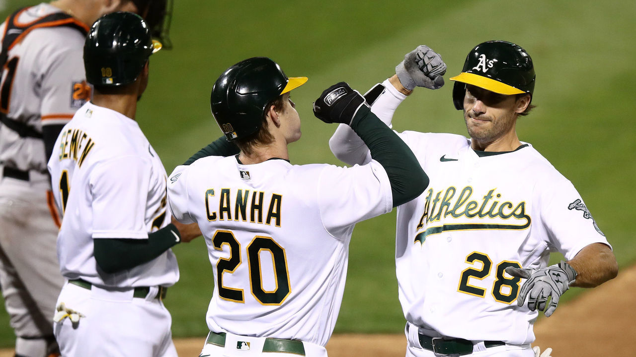 OAKLAND, CALIFORNIA - SEPTEMBER 18: Matt Olson #28 of the Oakland Athletics is congratulated by Mark Canha #20 after he hit a three-run home run off of Logan Webb #62 of the San Francisco Giants in the third inning at RingCentral Coliseum on September 18, 2020 in Oakland, California.