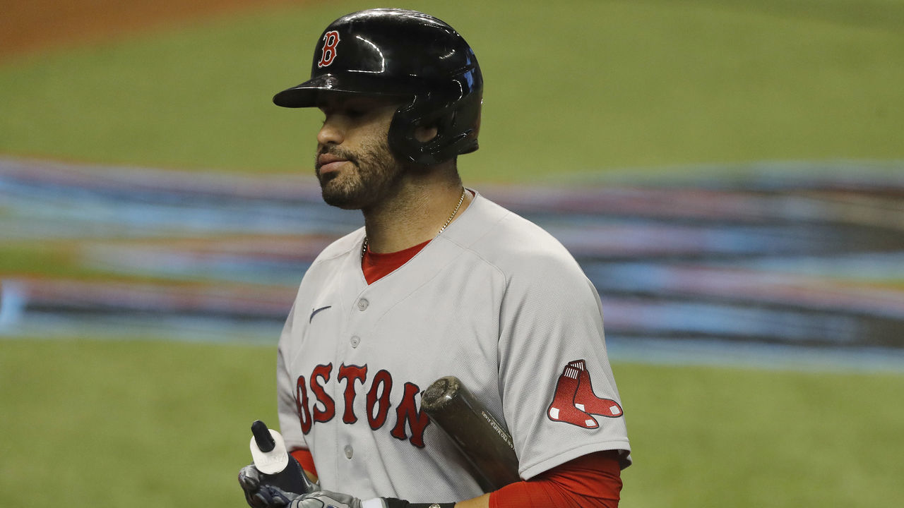 MIAMI, FLORIDA - SEPTEMBER 16: J.D. Martinez #28 of the Boston Red Sox reacts after striking out in the first inning against the Miami Marlins at Marlins Park on September 16, 2020 in Miami, Florida.