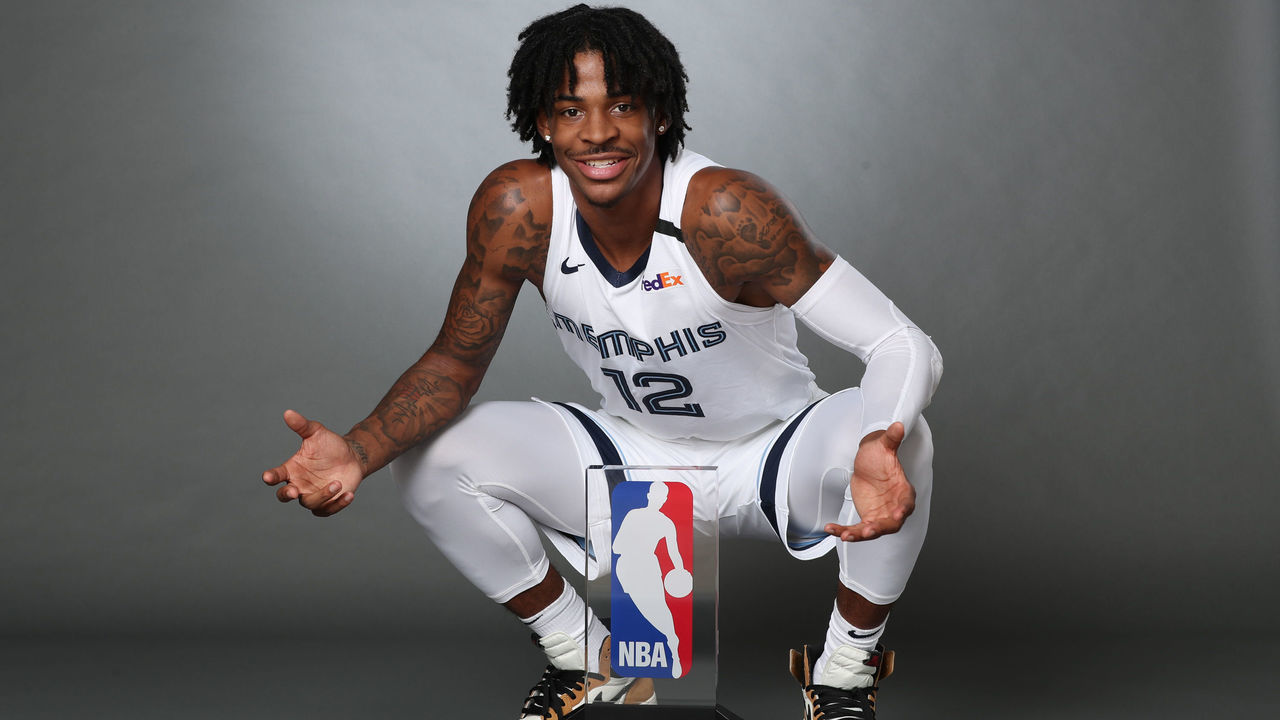 EADS, TN - SEPTEMBER 3: Ja Morant #12 of the Memphis Grizzlies holds the Eddie Gottlieb Trophy for a portrait after being named the 2019-20 Kia NBA Rookie of the Year on September 3, 2020 in Eads, Tennessee. NOTE TO USER: User expressly acknowledges and agrees that, by downloading and/or using this photograph, user is consenting to the terms and conditions of the Getty Images License Agreement. Mandatory Copyright Notice: Copyright 2020 NBAE