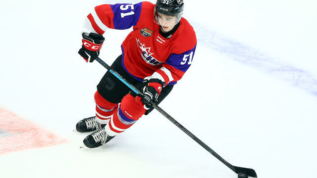 HAMILTON, ON - JANUARY 16: Lukas Cormier #51 of Team Red skates during the 2020 CHL/NHL Top Prospects Game against Team White at FirstOntario Centre on January 16, 2020 in Hamilton, Canada.