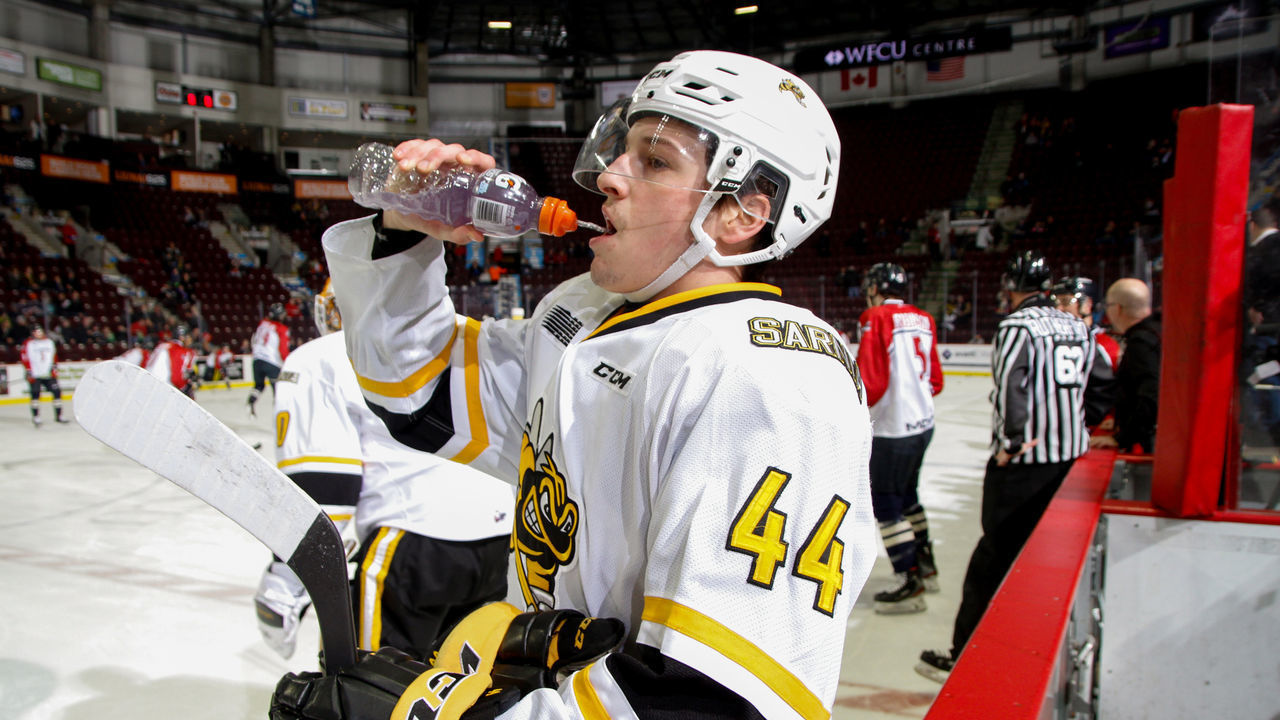 WINDSOR, ONTARIO - FEBRUARY 18: Jacob Perreault #44 of the Sarnia Sting prepares for a game against the Windsor Spitfires at the WFCU Centre on February 18, 2020 in Windsor, Ontario, Canada.