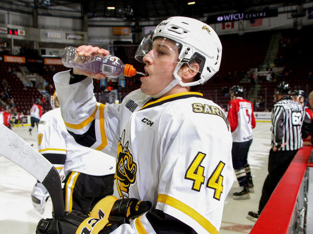 WINDSOR, ONTARIO - FEBRUARY 18: Jacob Perreault #44 of the Sarnia Sting prepares for a game against the Windsor Spitfires at the WFCU Centre on February 18, 2020 in Windsor, Ontario, Canada.