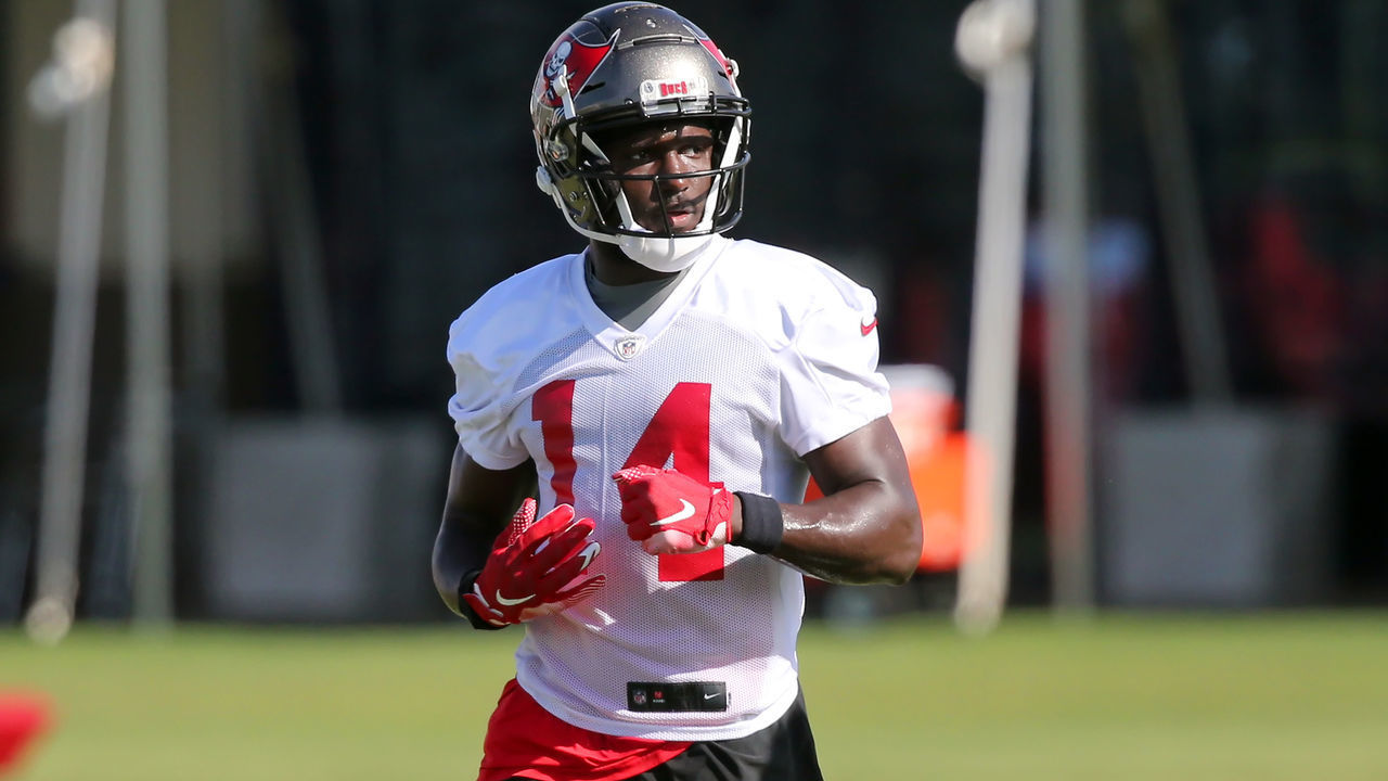TAMPA, FL - AUG 13: Chris Godwin (14) of the Buccaneers wears his new jersey number during the Tampa Bay Buccaneers Training Camp on August 13, 2020 at the AdventHealth Training Center in Tampa, Florida.