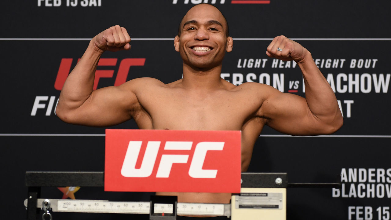 ALBUQUERQUE, NEW MEXICO - FEBRUARY 14: John Dodson poses on the scale during the official UFC weigh-in at the Albuquerque Marriott Pyramid North on February 14, 2020 in Albuquerque, New Mexico.