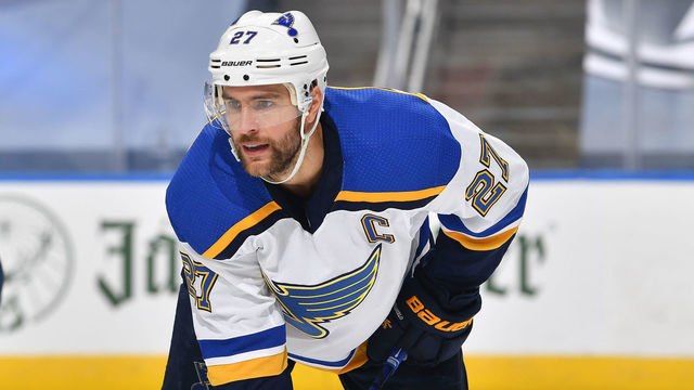 EDMONTON, ALBERTA - AUGUST 02: Alex Pietrangelo #27 of the St. Louis Blues lines up in position in the first period of a Round Robin game against the Colorado Avalanche during the 2020 NHL Stanley Cup Playoff at Rogers Place on August 02, 2020 in Edmonton, Alberta.