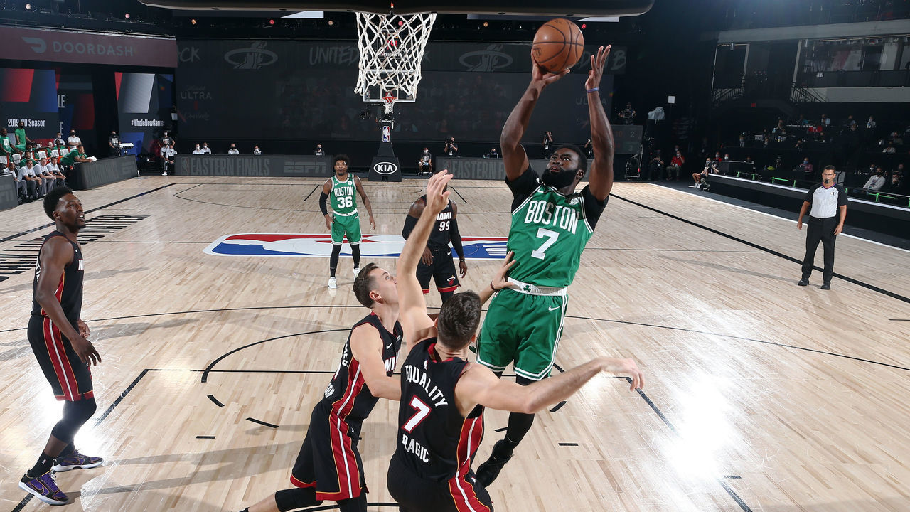 ORLANDO, FL - SEPTEMBER 19: Jaylen Brown #7 of the Boston Celtics shoots the ball during the game against the Miami Heat during Game Three of the Eastern Conference Finals of the NBA Playoffs on September 19, 2020 at The AdventHealth Arena at ESPN Wide World Of Sports Complex in Orlando, Florida. NOTE TO USER: User expressly acknowledges and agrees that, by downloading and/or using this Photograph, user is consenting to the terms and conditions of the Getty Images License Agreement. Mandatory Copyright Notice: Copyright 2020 NBAE
