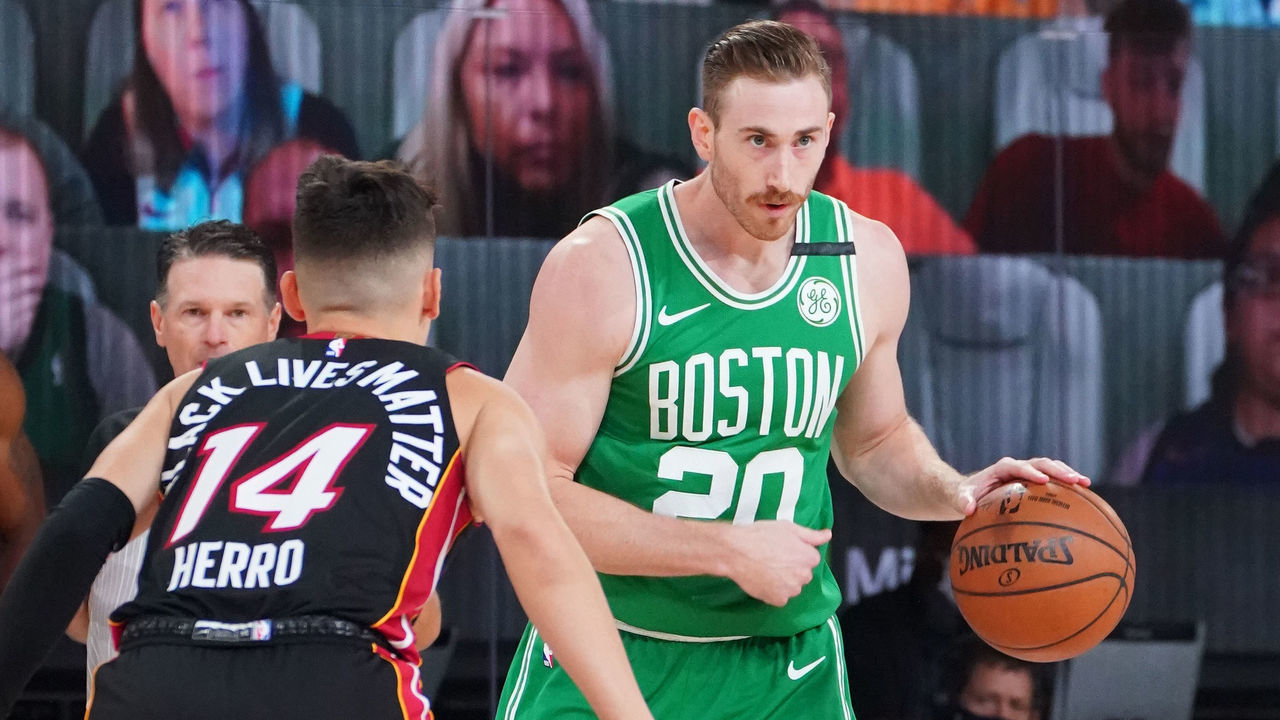 ORLANDO, FL - SEPTEMBER 19: Gordon Hayward #20 of the Boston Celtics handles the ball against the Miami Heat during Game Two of the Eastern Conference Finals of the NBA Playoffs on September 19, 2020 at the AdventHealth Arena at ESPN Wide World Of Sports Complex in Orlando, Florida. NOTE TO USER: User expressly acknowledges and agrees that, by downloading and/or using this Photograph, user is consenting to the terms and conditions of the Getty Images License Agreement. Mandatory Copyright Notice: Copyright 2020 NBAE