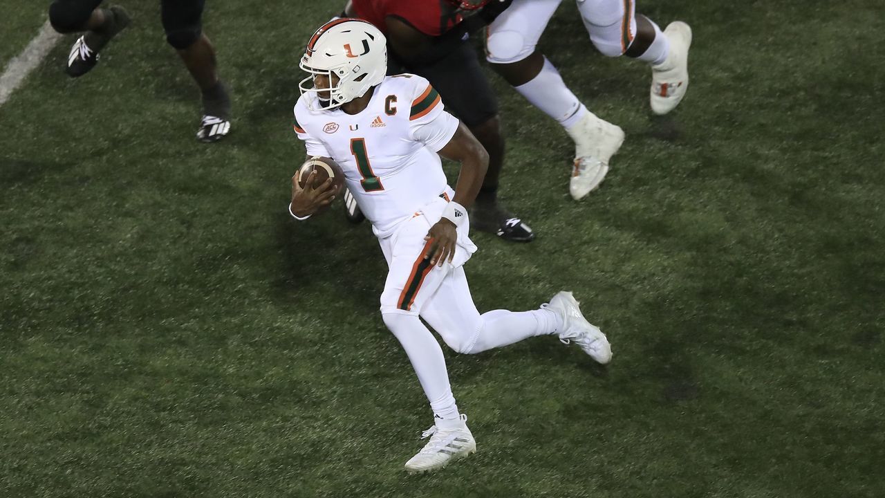 LOUISVILLE, KENTUCKY - SEPTEMBER 19: D' Eriq King #1 of the Miami Hurricanes runs the ball against the Louisville Cardinals at Cardinal Stadium on September 19, 2020 in Louisville, Kentucky.