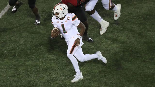LOUISVILLE, KENTUCKY - SEPTEMBER 19: D' Eriq King #1 of the Miami Hurricanes runs the ball against the Louisville Cardinals at Cardinal Stadium on September 19, 2020 in Louisville, Kentucky.