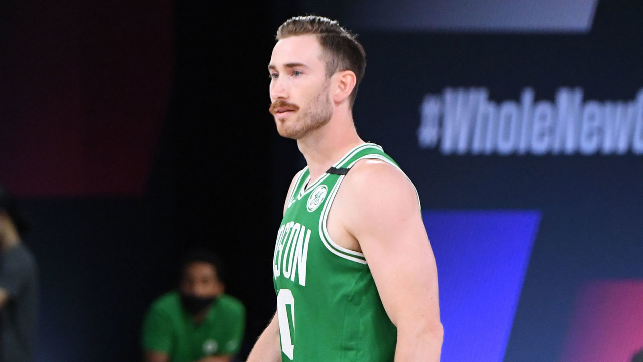 ORLANDO, FL - SEPTEMBER 19: Gordon Hayward #20 of the Boston Celtics looks on during Game Three of the Eastern Conference Finals of the NBA Playoffs on September 19, 2020 at AdventHealth Arena in Orlando, Florida. NOTE TO USER: User expressly acknowledges and agrees that, by downloading and/or using this Photograph, user is consenting to the terms and conditions of the Getty Images License Agreement. Mandatory Copyright Notice: Copyright 2020 NBAE