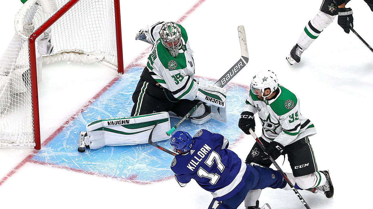 EDMONTON, ALBERTA - SEPTEMBER 19: Anton Khudobin #35 of the Dallas Stars makes the save on a shot by Alex Killorn #17 of the Tampa Bay Lightning during the third period in Game One of the 2020 NHL Stanley Cup Final at Rogers Place on September 19, 2020 in Edmonton, Alberta, Canada.