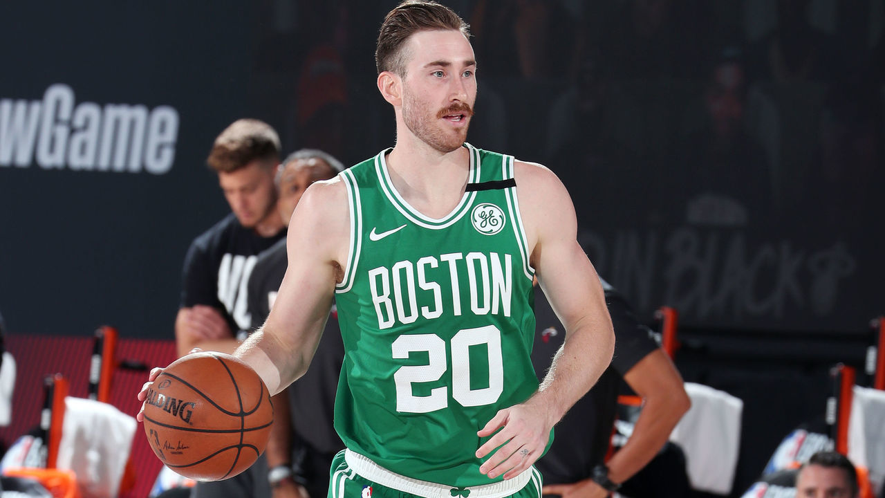 ORLANDO, FL - SEPTEMBER 19: Gordon Hayward #20 of the Boston Celtics handles the ball during the game against the Miami Heat during Game Three of the Eastern Conference Finals of the NBA Playoffs on September 19, 2020 at The AdventHealth Arena at ESPN Wide World Of Sports Complex in Orlando, Florida. NOTE TO USER: User expressly acknowledges and agrees that, by downloading and/or using this Photograph, user is consenting to the terms and conditions of the Getty Images License Agreement. Mandatory Copyright Notice: Copyright 2020 NBAE