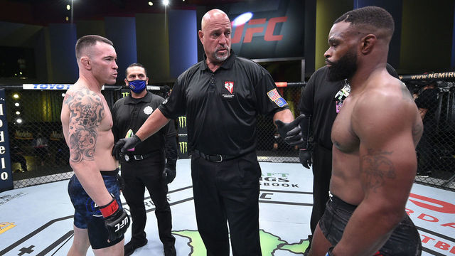 LAS VEGAS, NEVADA - SEPTEMBER 19: (L-R) Opponents Colby Covington and Tyron Woodley face off prior to their welterweight bout during the UFC Fight Night event at UFC APEX on September 19, 2020 in Las Vegas, Nevada.
