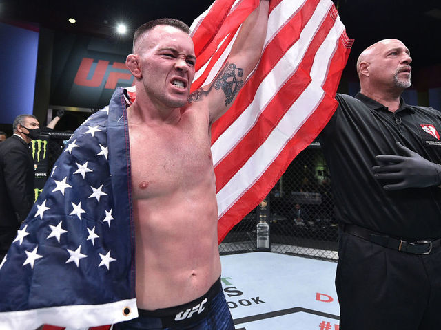LAS VEGAS, NEVADA - SEPTEMBER 19: Colby Covington reacts after his TKO victory over Tyron Woodley in their welterweight bout during the UFC Fight Night event at UFC APEX on September 19, 2020 in Las Vegas, Nevada.