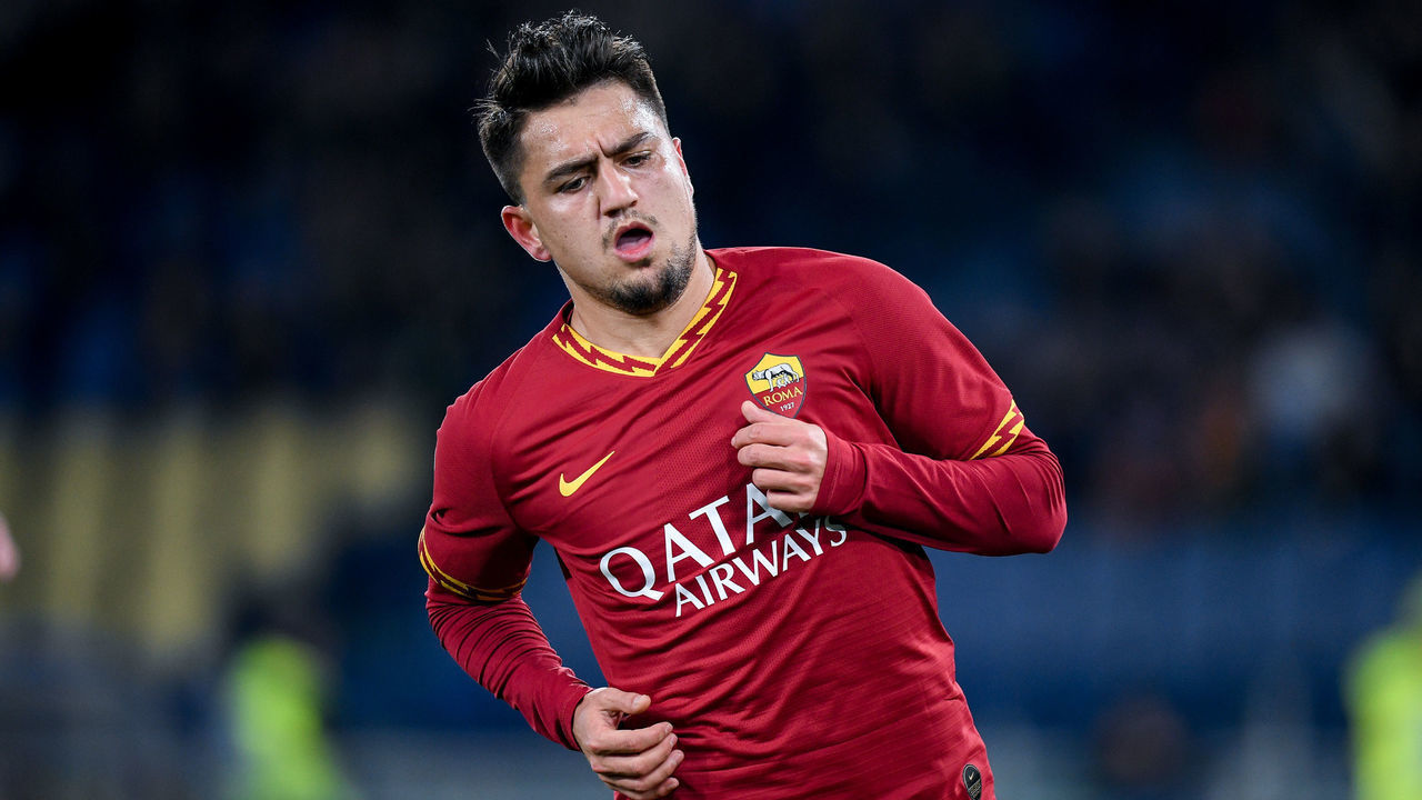Cengiz Under of AS Roma celebrates scoring first goal during the Serie A match between AS Roma and Lecce at Stadio Olimpico, Rome, Italy on 23 February 2020.