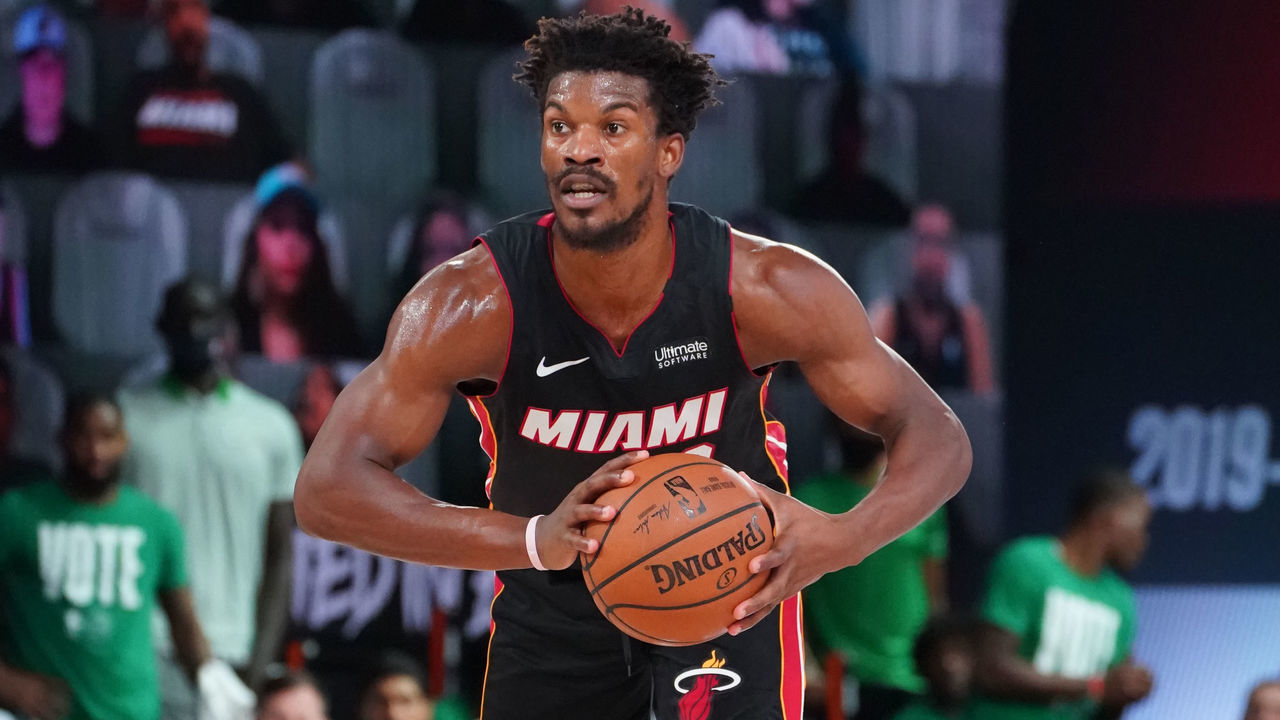 ORLANDO, FL - SEPTEMBER 19: Jimmy Butler #22 of the Miami Heat passes the ball against the Boston Celtics during Game Two of the Eastern Conference Finals of the NBA Playoffs on September 19, 2020 at the AdventHealth Arena at ESPN Wide World Of Sports Complex in Orlando, Florida. NOTE TO USER: User expressly acknowledges and agrees that, by downloading and/or using this Photograph, user is consenting to the terms and conditions of the Getty Images License Agreement. Mandatory Copyright Notice: Copyright 2020 NBAE