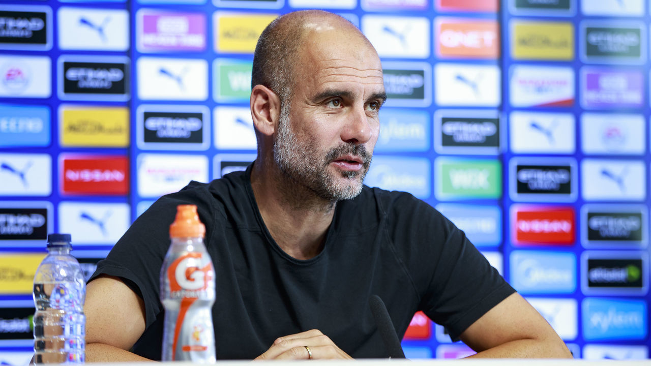 MANCHESTER, ENGLAND - SEPTEMBER 18: Pep Guardiola, manager of Manchester City speaks during a virtual press conference at Manchester City Football Academy on September 18, 2020 in Manchester, England.