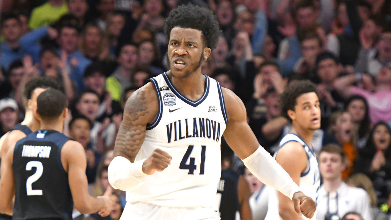 VILLANOVA, PA - JANUARY 21: Saddiq Bey #41 of the Villanova Wildcats celebrates a shot during a college basketball game against the Butler Bulldogs at the Finneran Pavilion on January 21, 2020 in Villanova, Pennsylvania.