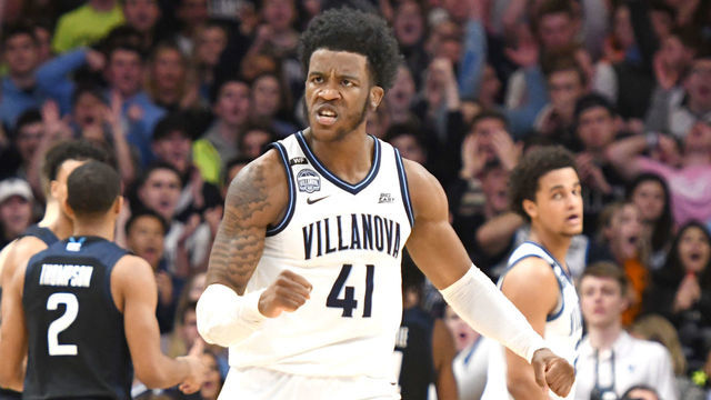 VILLANOVA, PA - JANUARY 21: Saddiq Bey #41 of the Villanova Wildcats celebrates a shot during a college basketball game against the Butler Bulldogs at the Finneran Pavilion on January 21, 2020 in Villanova, Pennsylvania.
